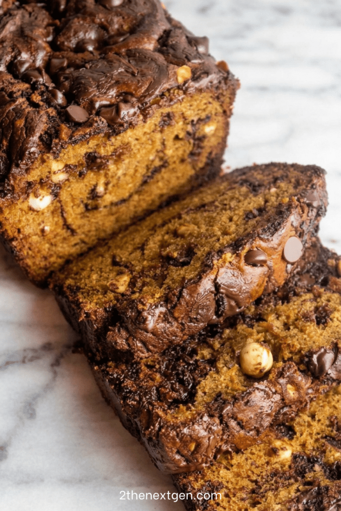 A moist homemade Nutella chocolate chip banana bread loaf sliced on a wooden board, showing a soft banana crumb, melted chocolate chips, and rich Nutella swirls on top.