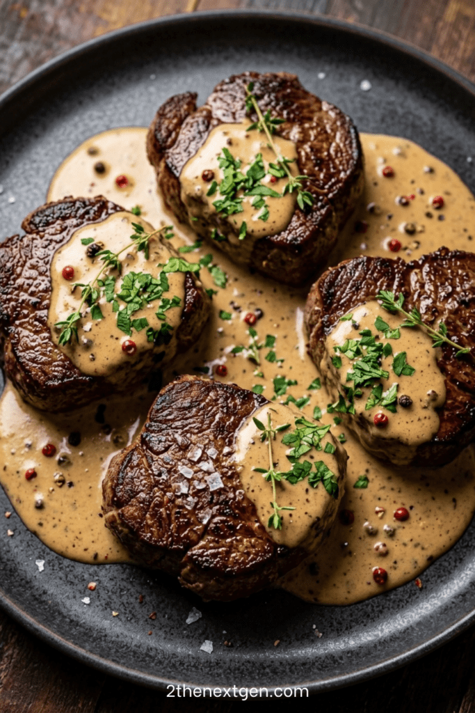 Perfectly seared filet mignon topped with creamy peppercorn sauce, served on a plate with a golden crust, juicy center, and rich glossy sauce.