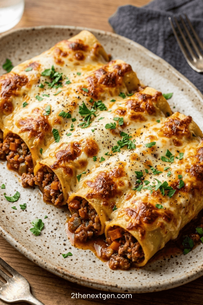 Oven-baked beef cannelloni covered in creamy béchamel sauce and melted cheese, golden on top with rich tomato ragu filling visible inside pasta tubes.