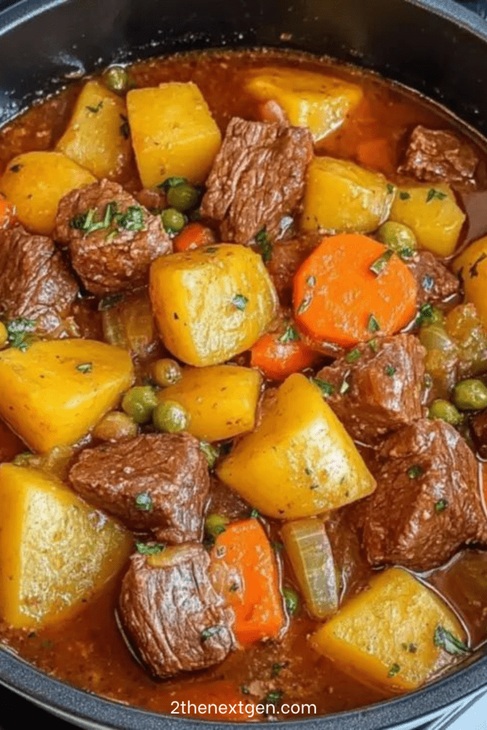 Hearty beef stew in a rustic bowl with tender beef chunks, soft potatoes, carrots, and peas in a rich thick broth garnished with fresh parsley.
