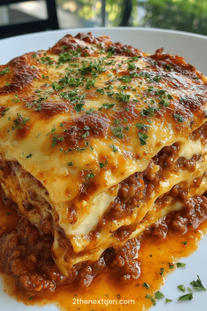 Golden baked beef lasagna layered with pasta sheets, rich tomato meat sauce, creamy béchamel, and melted cheese, sliced and served warm on a plate.