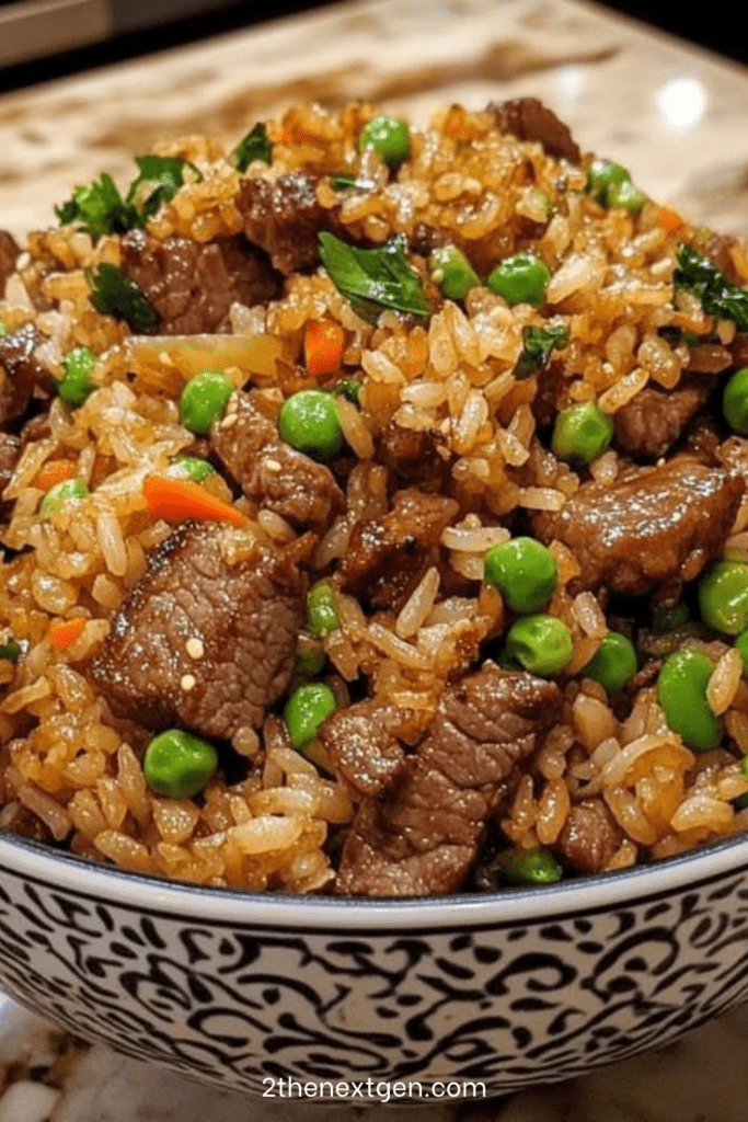 Beef fried rice in a wok with tender beef strips, fluffy rice grains, peas, carrots, and green onions, lightly coated in soy sauce and garnished fresh.
