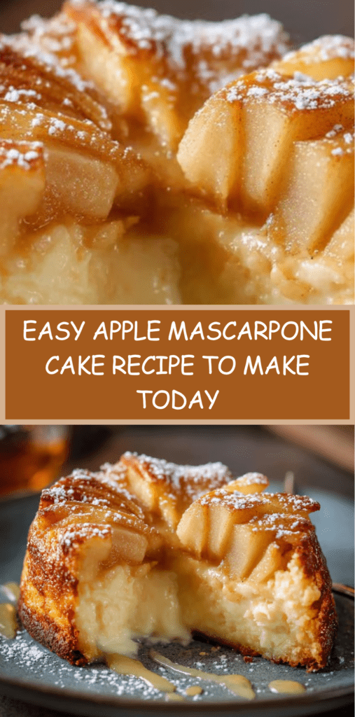 Freshly baked apple mascarpone cake in a round pan, topped with golden apple slices, with a soft moist crumb and creamy texture visible on a sliced piece.
