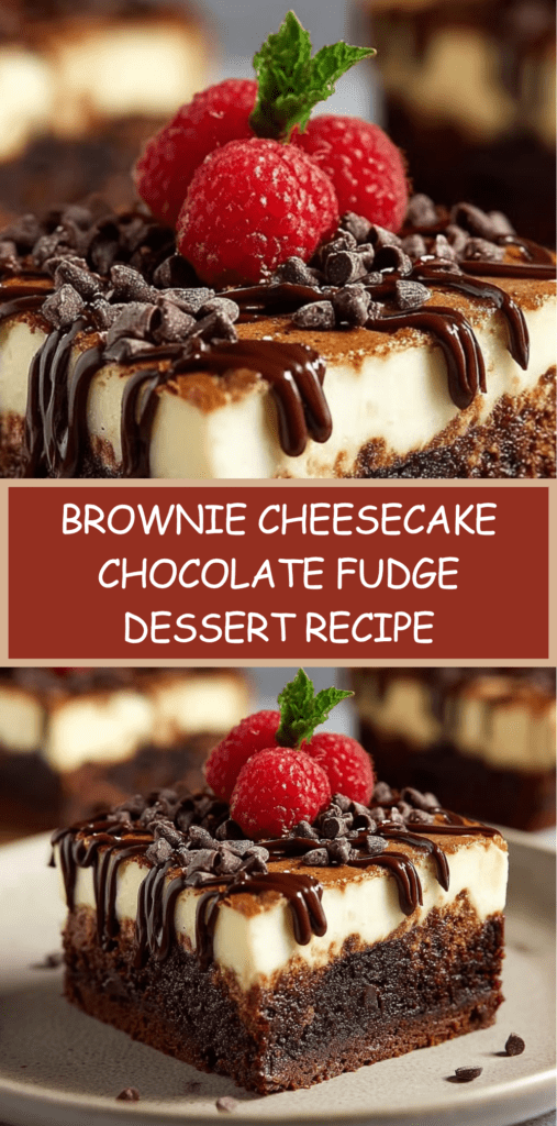 Rich brownie cheesecake with a fudgy chocolate base and creamy cheesecake swirl, sliced into squares showing moist texture and marbled layers.