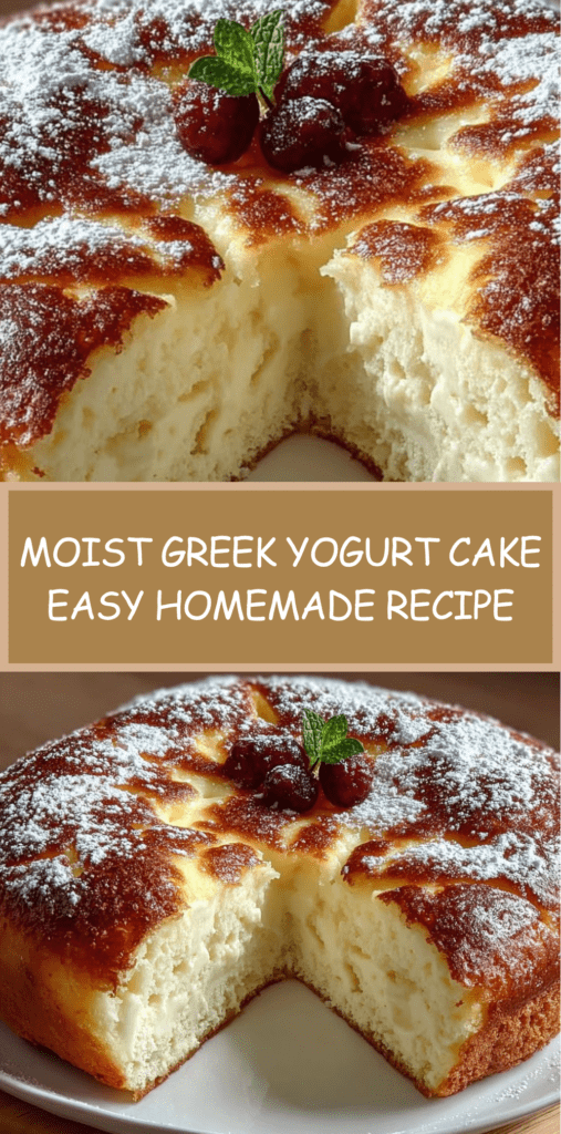 Soft and fluffy Greek yogurt cake sliced on a plate, showing a light airy crumb and golden crust, with a moist tender texture inside.