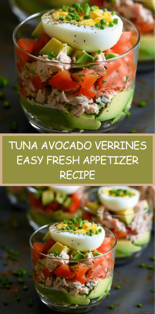 Layered tuna avocado verrines in glass cups with creamy mashed avocado, seasoned tuna, diced tomatoes, and half boiled egg on top, garnished with chives.