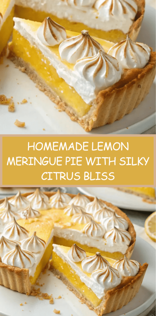 Homemade lemon meringue pie with a golden shortcrust base, smooth bright yellow lemon filling, and tall swirls of lightly toasted meringue on top, served on a dessert plate with fresh lemon slices nearby.