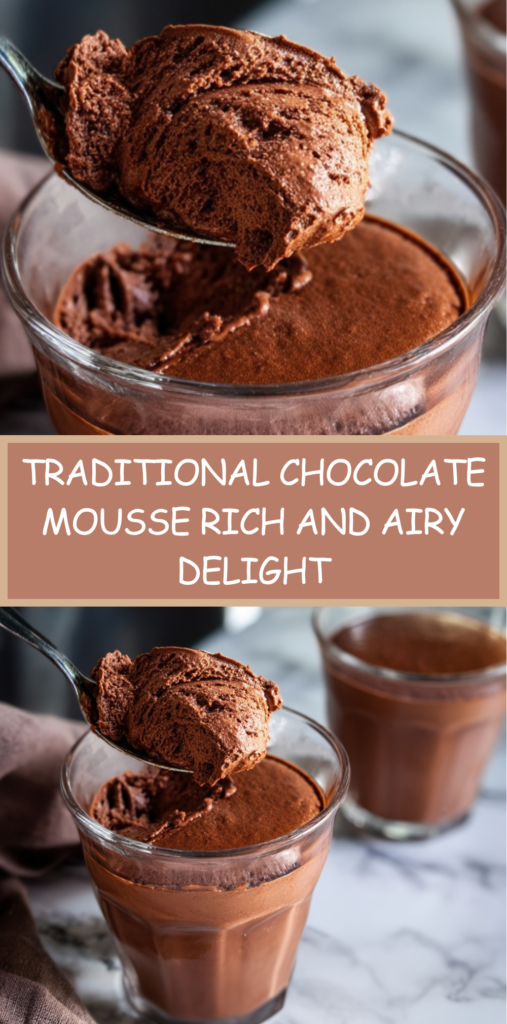 Traditional chocolate mousse served in glass cups with a smooth, airy texture, topped with chocolate shavings and a slightly glossy surface, placed on a dark elegant background.