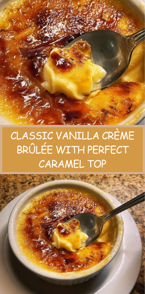 Classic vanilla crème brûlée in ceramic ramekins with a smooth creamy custard and a golden caramelized sugar crust, slightly cracked on top, served with a spoon.