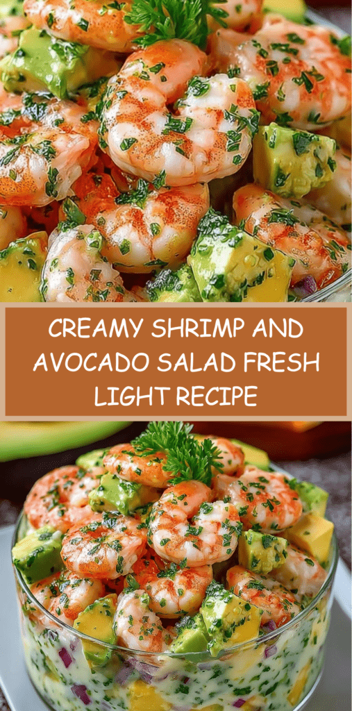 Creamy shrimp and avocado salad served in a bowl with pink shrimp, diced green avocado, fresh herbs, and a smooth herb dressing, garnished with parsley and lemon slices.
