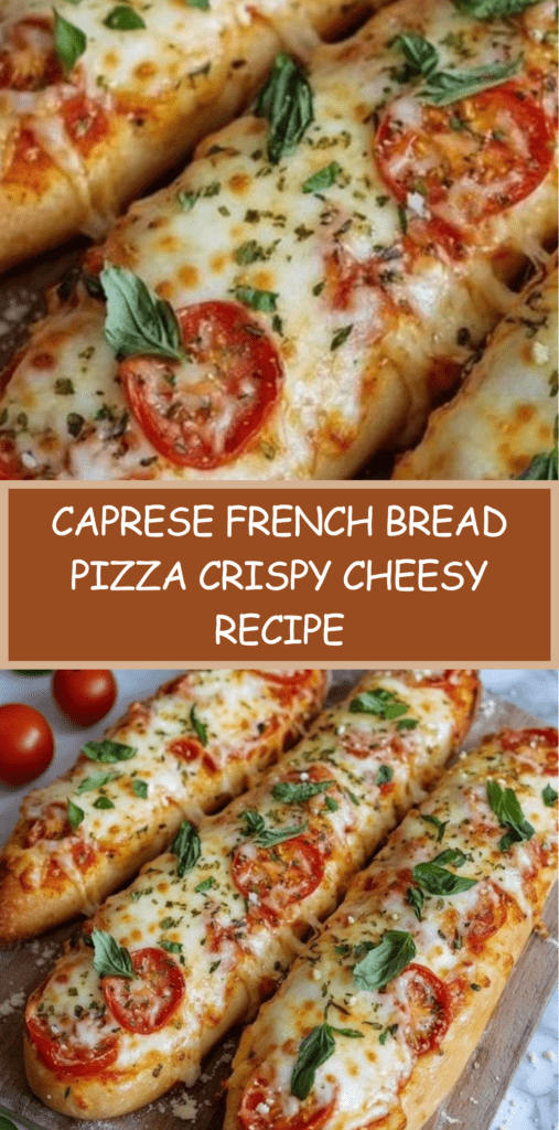 Caprese French bread pizza with melted mozzarella, fresh tomato slices, basil leaves, and a drizzle of balsamic glaze on a crispy toasted baguette.