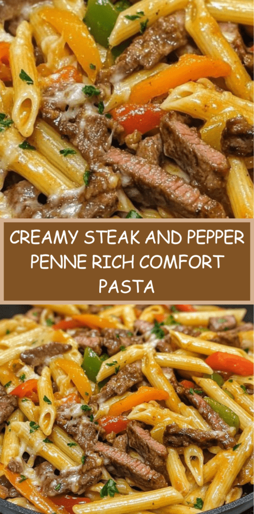 Creamy steak and pepper penne pasta in a bowl with tender beef strips, colorful bell peppers, and a rich cheesy cream sauce, garnished with parsley.