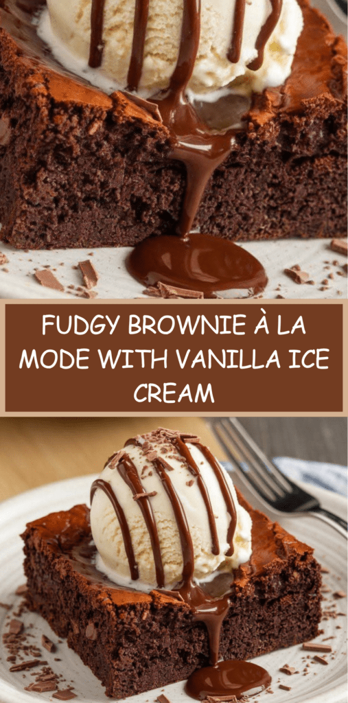 Warm fudgy chocolate brownie topped with a scoop of vanilla ice cream and drizzled with glossy chocolate sauce, served on a dessert plate.