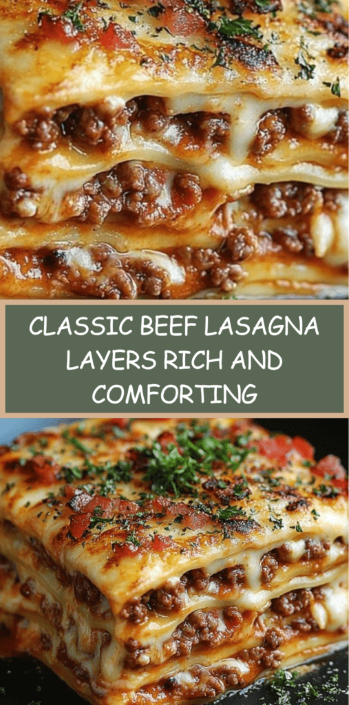 Classic beef lasagna in a baking dish with visible layers of pasta, rich meat sauce, creamy ricotta, and melted golden mozzarella cheese on top.