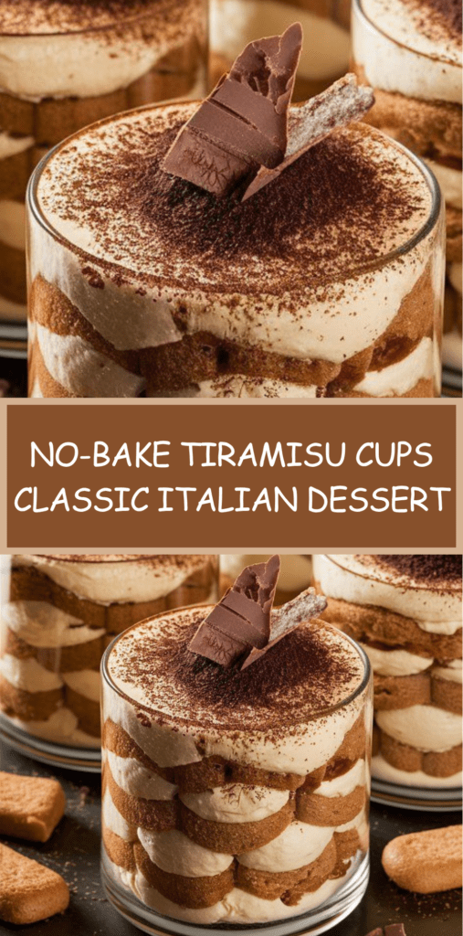 No-bake tiramisu cups in glass jars with layers of coffee-soaked ladyfingers, creamy mascarpone filling, cocoa powder dusting, and chocolate shavings on top.