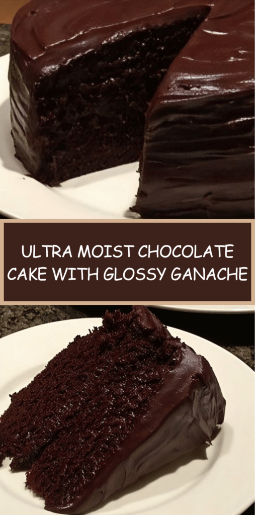 Ultra moist chocolate cake topped with a shiny chocolate ganache, sliced to reveal a soft fudgy center, served on a plate with a smooth glossy finish.