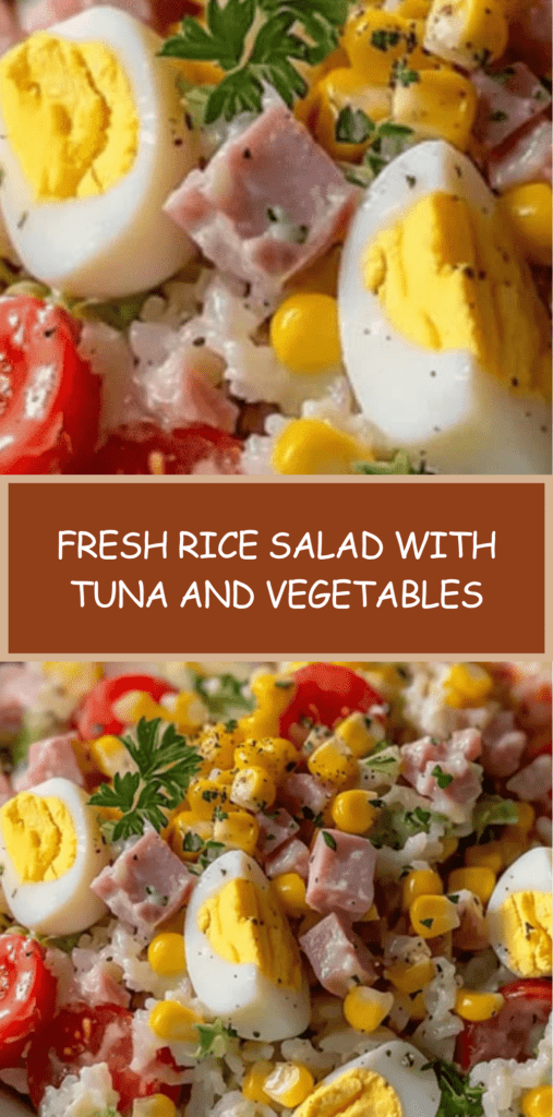 Fresh rice salad in a bowl with fluffy rice, tuna, diced bell peppers, tomatoes, corn, red onion, and herbs, lightly dressed with olive oil vinaigrette.