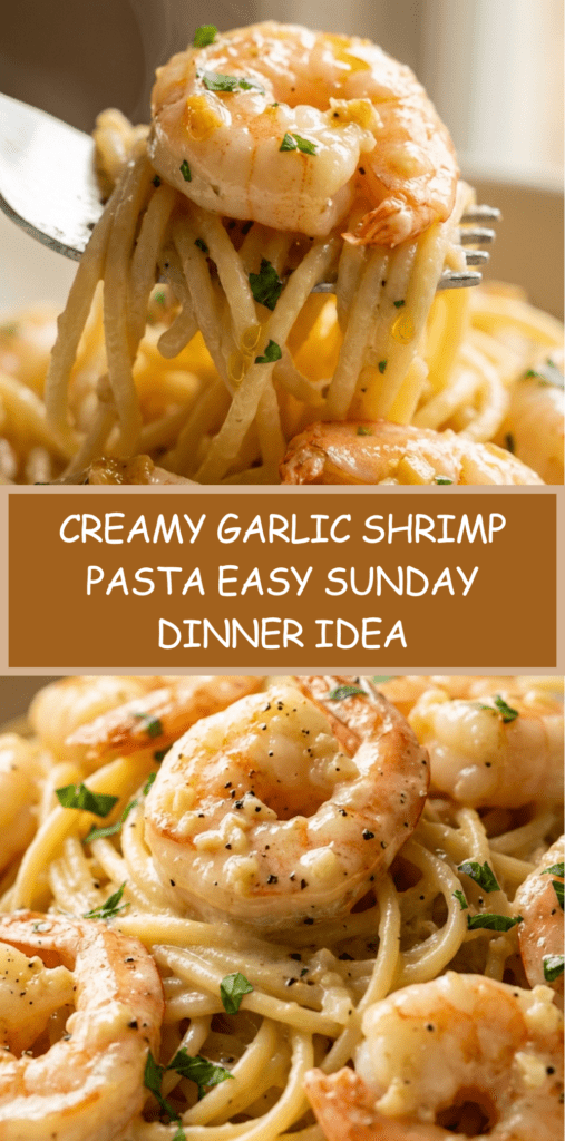 Creamy garlic shrimp pasta served in a bowl with spaghetti coated in a rich cream sauce, tender shrimp, grated Parmesan, and fresh parsley garnish. sunday dinner idea.