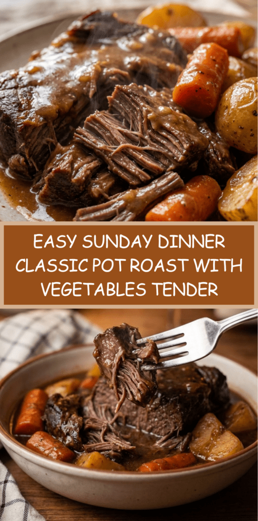 Classic Sunday Dinner pot roast in a Dutch oven with tender beef, carrots, and potatoes in a rich savory gravy, served hot on a rustic table.