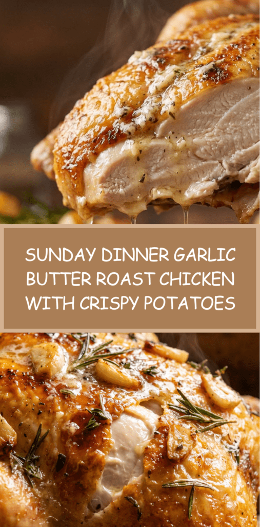 Whole roasted chicken with golden crispy skin, surrounded by roasted baby potatoes, garnished with herbs and lemon, served on a rustic tray. Easy Sunday Dinner