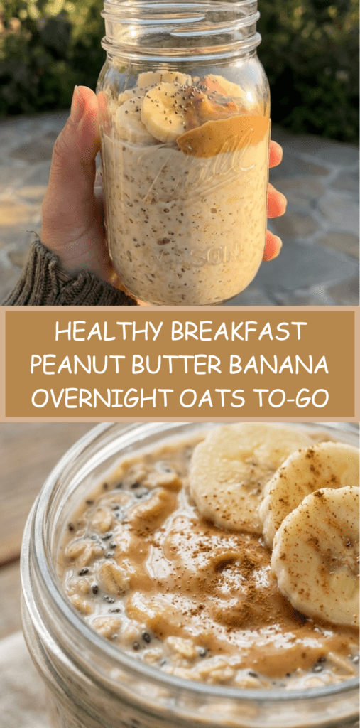 Healthy Breakfast Peanut butter banana overnight oats in a jar with creamy oats, banana slices, chia seeds, and a drizzle of peanut butter on top.