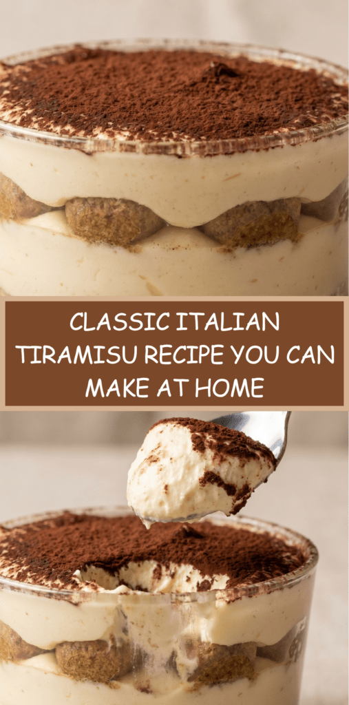 Classic Italian tiramisu recipe served in a glass dish with visible layers of espresso-soaked ladyfingers, creamy mascarpone filling, and cocoa powder on top