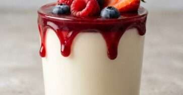 Vanilla panna cotta recipe served in a glass with smooth creamy texture and berry coulis on top