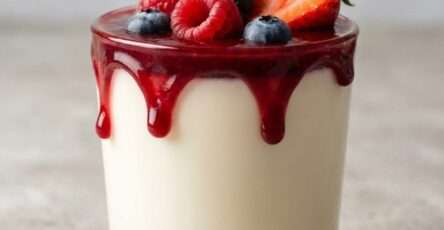Vanilla panna cotta recipe served in a glass with smooth creamy texture and berry coulis on top