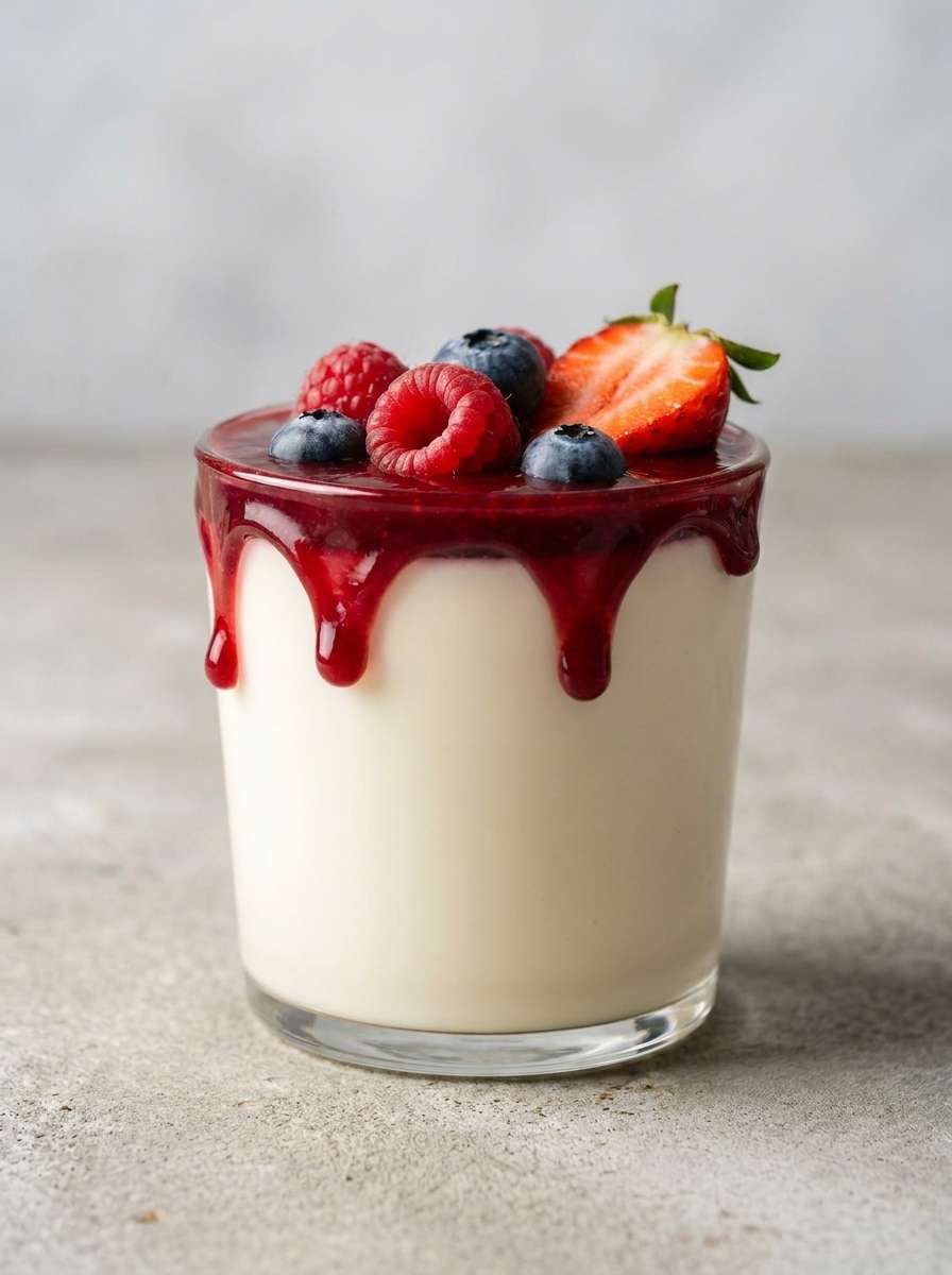 Vanilla panna cotta recipe served in a glass with smooth creamy texture and berry coulis on top