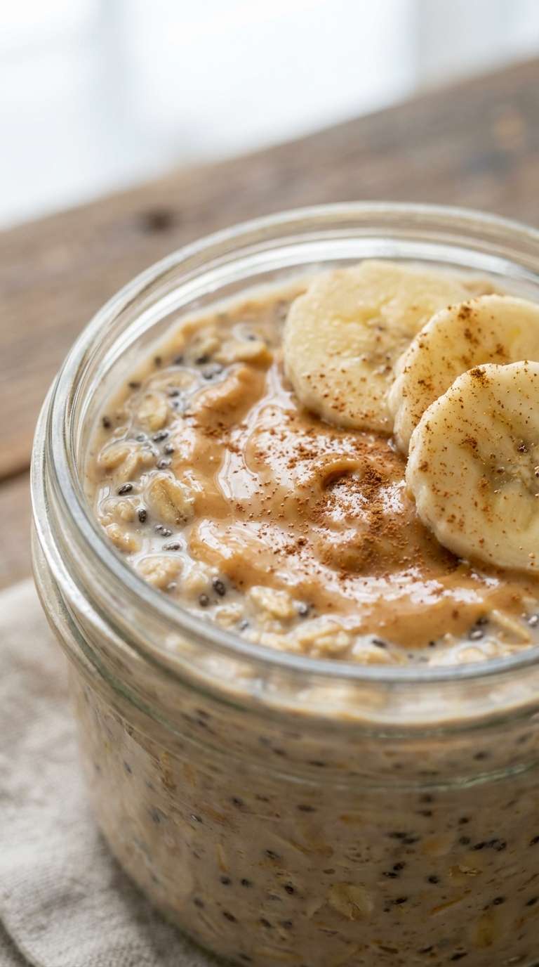 Healthy Breakfast Peanut butter banana overnight oats in a jar with creamy oats, banana slices, chia seeds, and a drizzle of peanut butter on top.