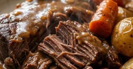 Classic Sunday Dinner pot roast in a Dutch oven with tender beef, carrots, and potatoes in a rich savory gravy, served hot on a rustic table.