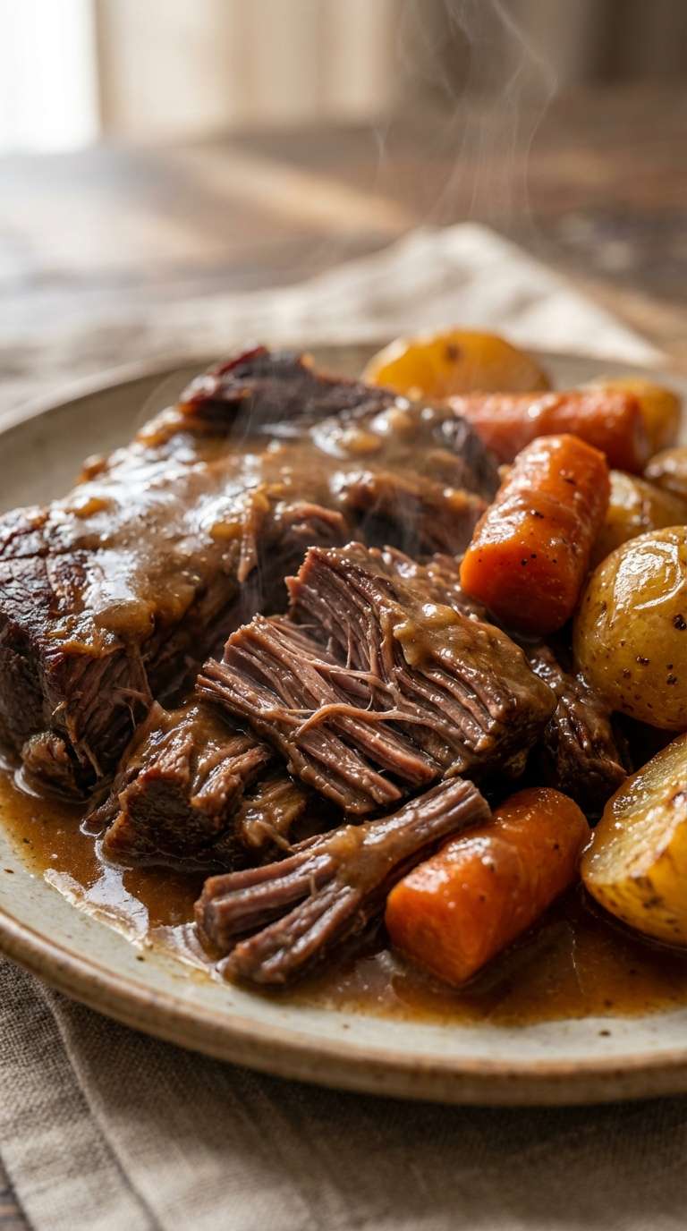 Classic Sunday Dinner pot roast in a Dutch oven with tender beef, carrots, and potatoes in a rich savory gravy, served hot on a rustic table.