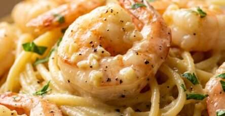 Creamy garlic shrimp pasta served in a bowl with spaghetti coated in a rich cream sauce, tender shrimp, grated Parmesan, and fresh parsley garnish. sunday dinner idea.