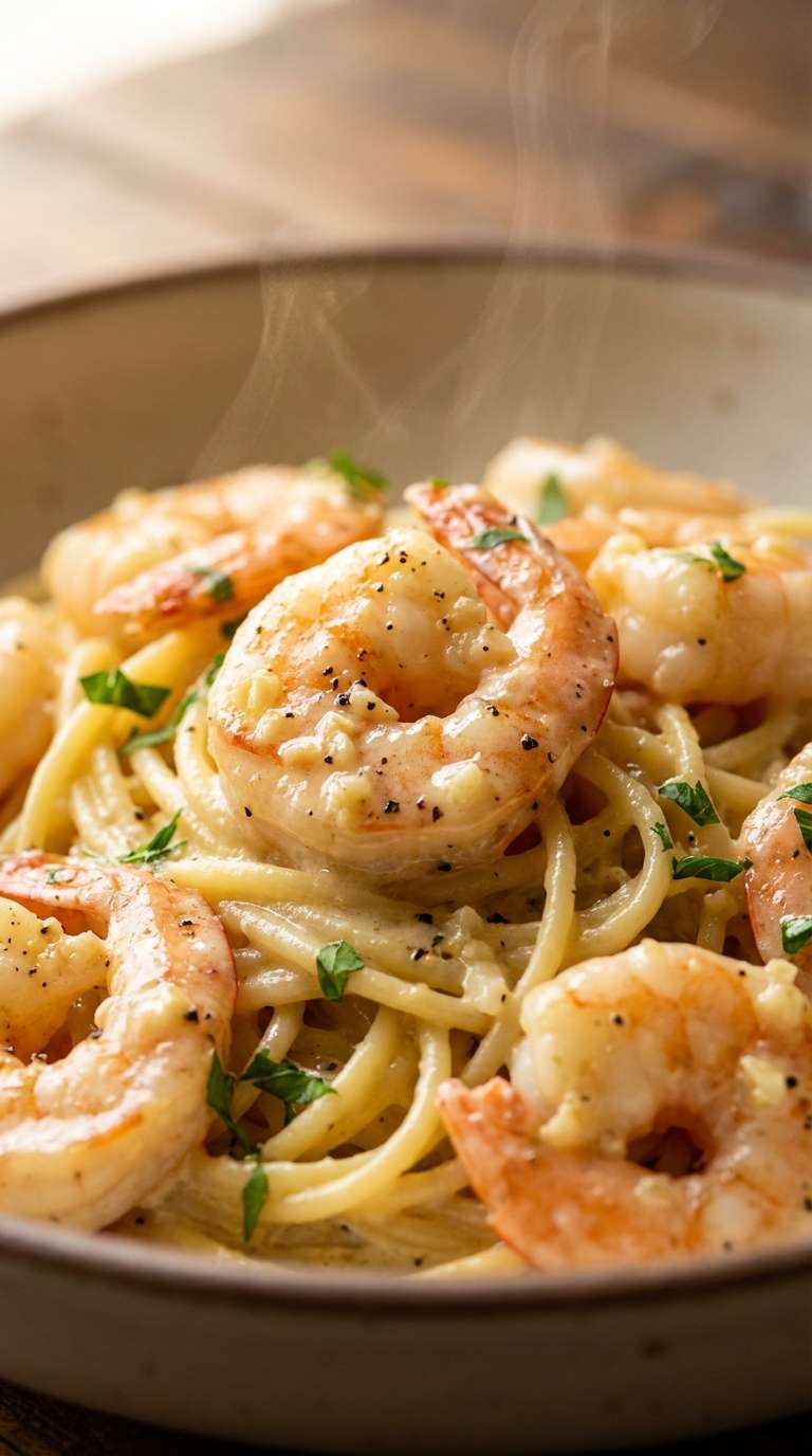 Creamy garlic shrimp pasta served in a bowl with spaghetti coated in a rich cream sauce, tender shrimp, grated Parmesan, and fresh parsley garnish. sunday dinner idea.