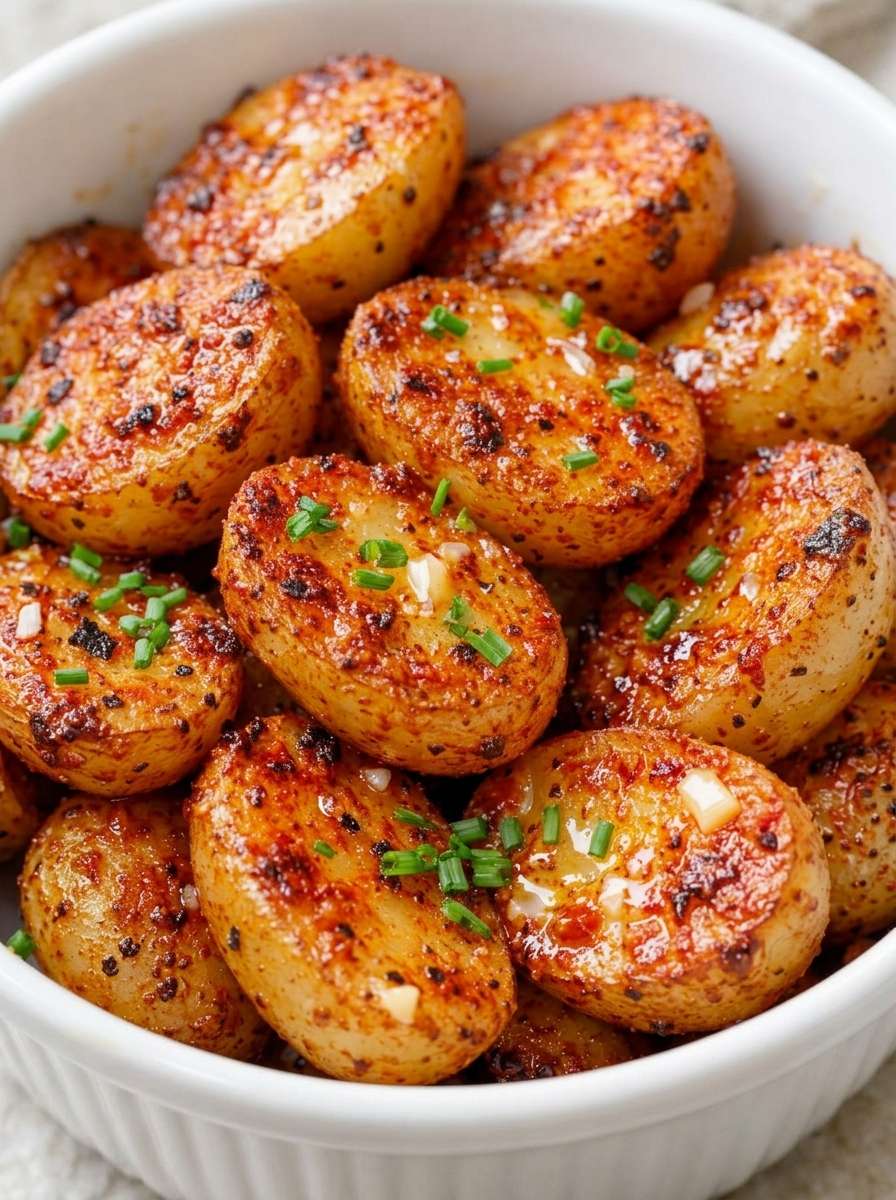 Spicy Mexican papas a la diabla served in a rustic bowl, coated in red chile de árbol sauce with garlic, lime, and crispy golden potato edges.