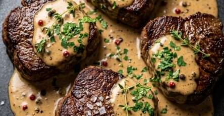 Perfectly seared filet mignon topped with creamy peppercorn sauce, served on a plate with a golden crust, juicy center, and rich glossy sauce.