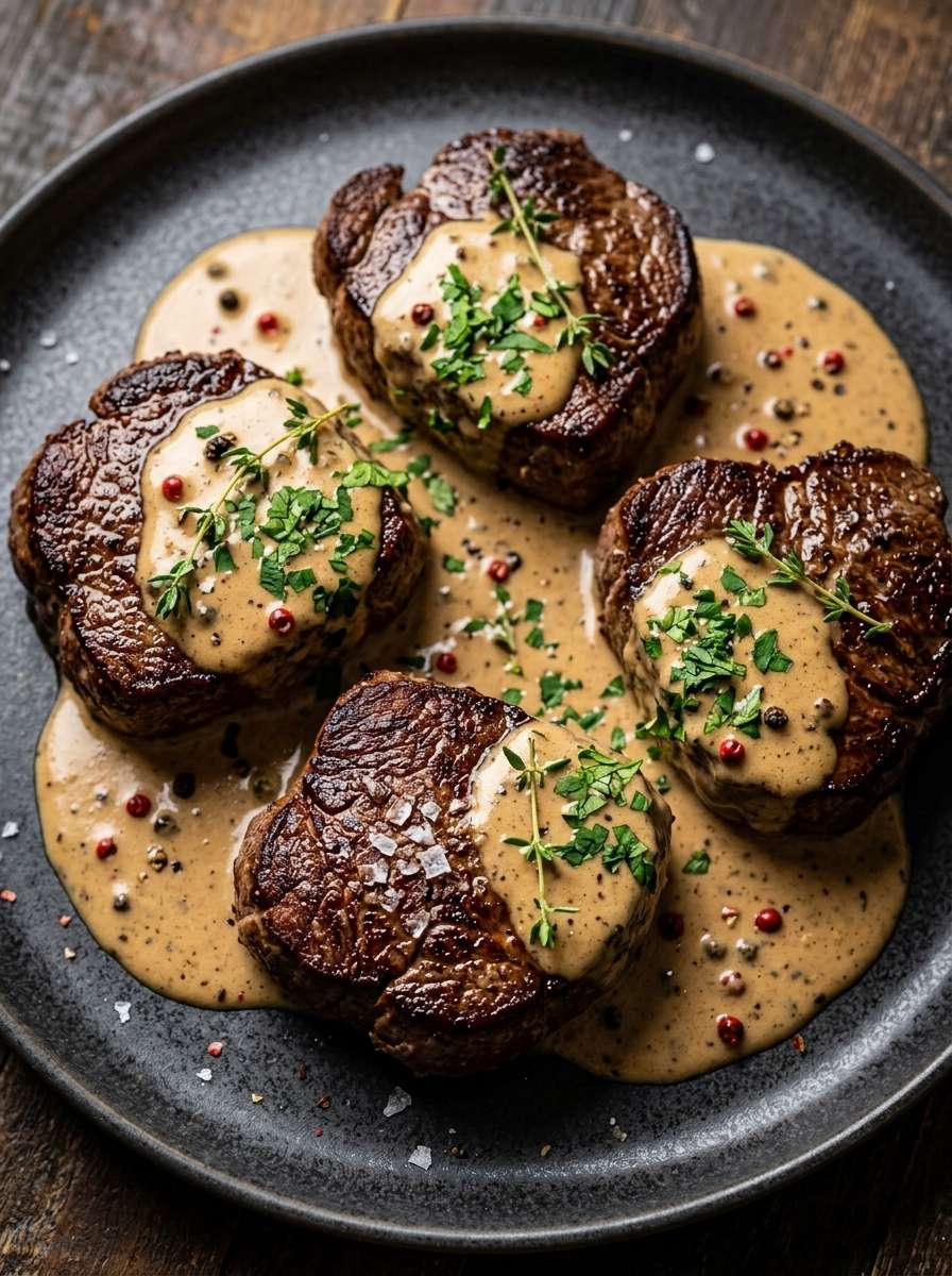 Perfectly seared filet mignon topped with creamy peppercorn sauce, served on a plate with a golden crust, juicy center, and rich glossy sauce.