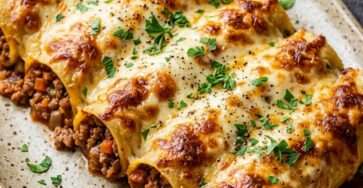 Oven-baked beef cannelloni covered in creamy béchamel sauce and melted cheese, golden on top with rich tomato ragu filling visible inside pasta tubes.