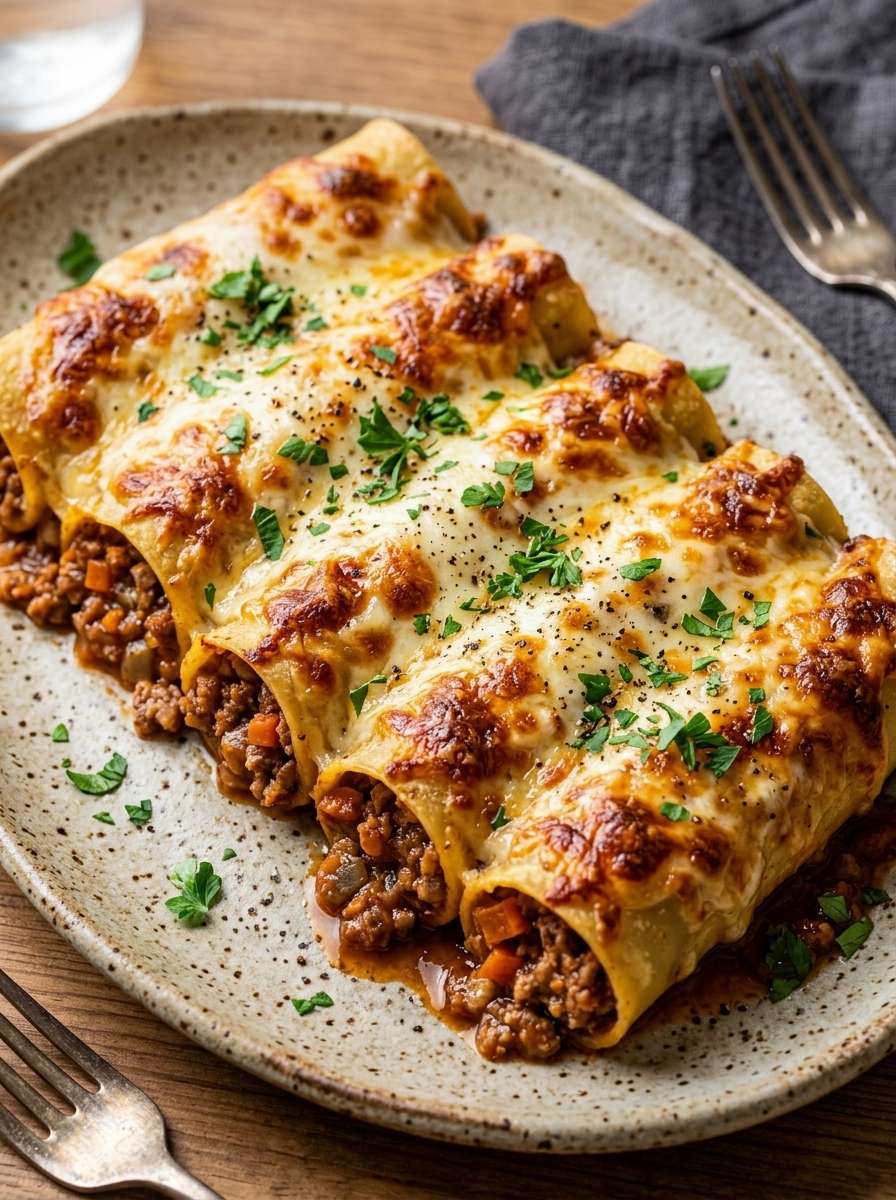 Oven-baked beef cannelloni covered in creamy béchamel sauce and melted cheese, golden on top with rich tomato ragu filling visible inside pasta tubes.