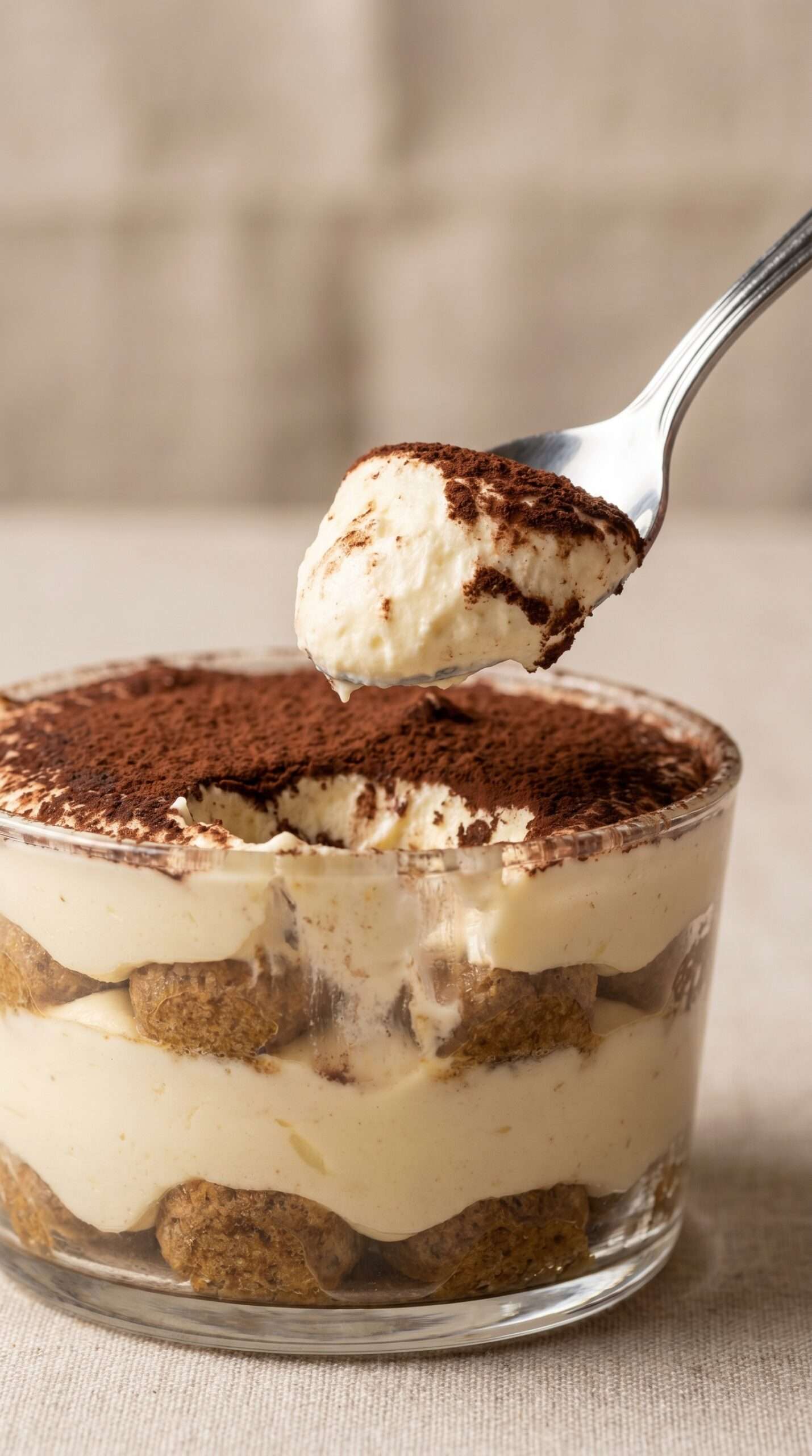 Classic Italian tiramisu recipe served in a glass dish with visible layers of espresso-soaked ladyfingers, creamy mascarpone filling, and cocoa powder on top