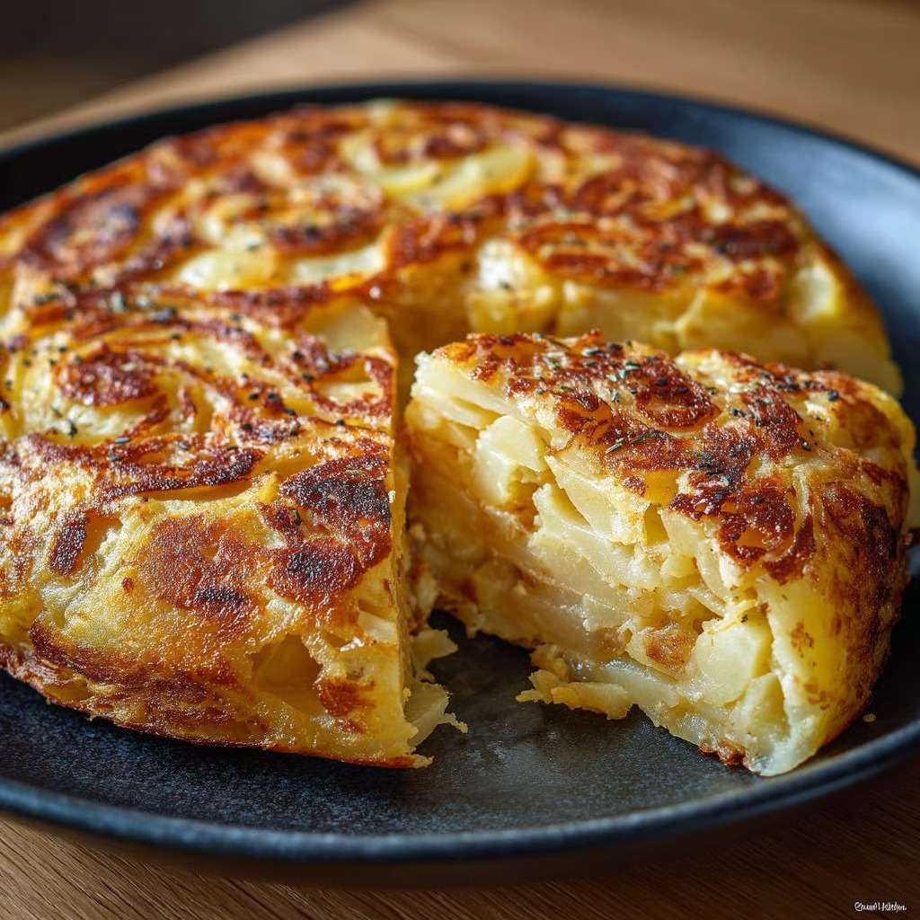 Golden Spanish tapas-style tortilla made with thinly sliced potatoes and eggs, cut into wedges on a plate, with a tender fluffy center and lightly browned top.