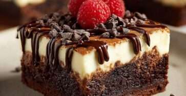 Rich brownie cheesecake with a fudgy chocolate base and creamy cheesecake swirl, sliced into squares showing moist texture and marbled layers.