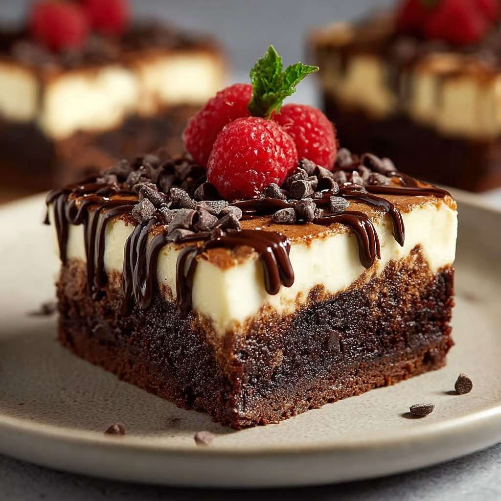Rich brownie cheesecake with a fudgy chocolate base and creamy cheesecake swirl, sliced into squares showing moist texture and marbled layers.