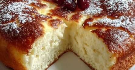 Soft and fluffy Greek yogurt cake sliced on a plate, showing a light airy crumb and golden crust, with a moist tender texture inside.