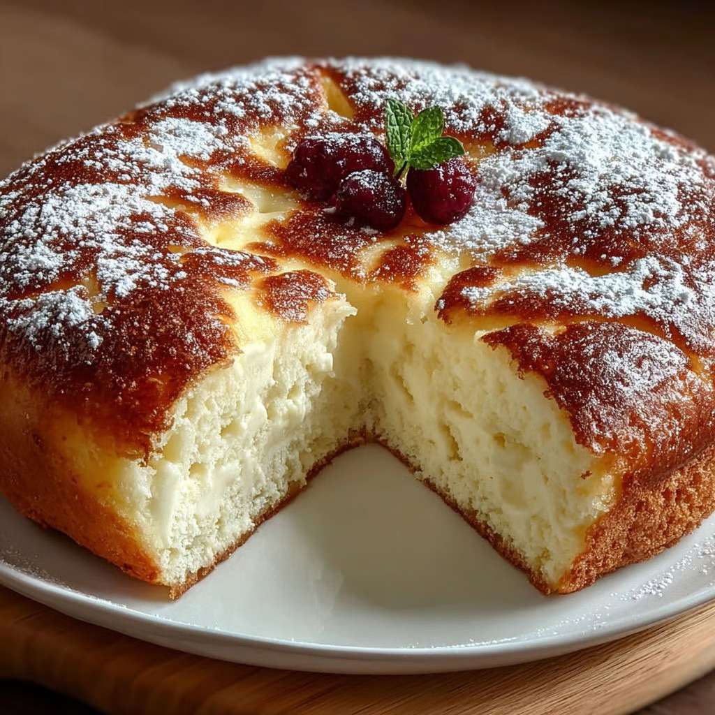 Soft and fluffy Greek yogurt cake sliced on a plate, showing a light airy crumb and golden crust, with a moist tender texture inside.
