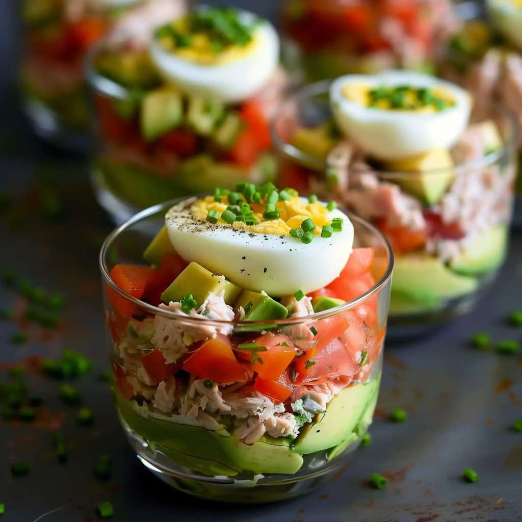 Layered tuna avocado verrines in glass cups with creamy mashed avocado, seasoned tuna, diced tomatoes, and half boiled egg on top, garnished with chives.
