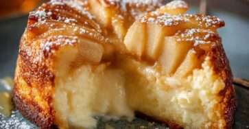 Freshly baked apple mascarpone cake in a round pan, topped with golden apple slices, with a soft moist crumb and creamy texture visible on a sliced piece.