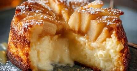 Freshly baked apple mascarpone cake in a round pan, topped with golden apple slices, with a soft moist crumb and creamy texture visible on a sliced piece.