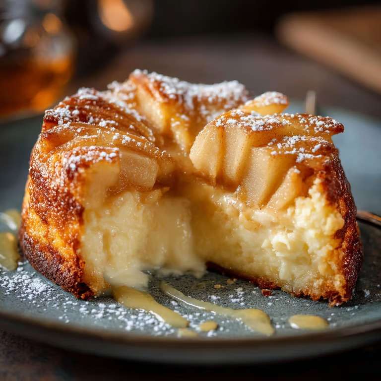 Freshly baked apple mascarpone cake in a round pan, topped with golden apple slices, with a soft moist crumb and creamy texture visible on a sliced piece.