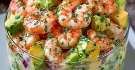 Creamy shrimp and avocado salad served in a bowl with pink shrimp, diced green avocado, fresh herbs, and a smooth herb dressing, garnished with parsley and lemon slices.